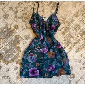 VTG Maidenform Satin Green Teal Purple Pink Floral Slip Mini Dress L